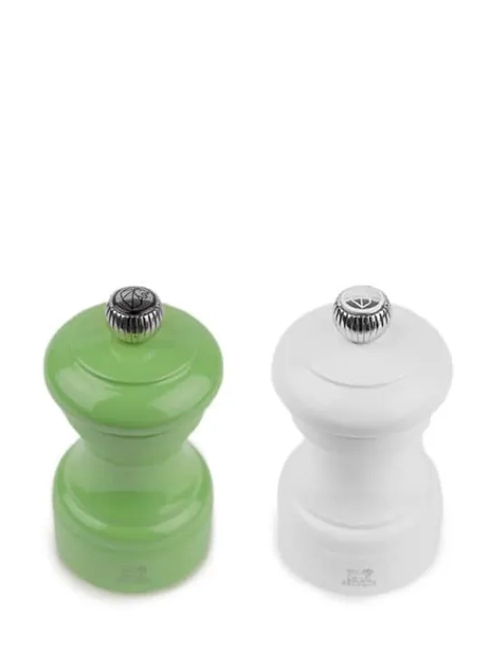 Discount Bistro Set of manual wooden salt and pepper mills in white and green gloss, 10cm Salt | Salt & Pepper Mill Sets