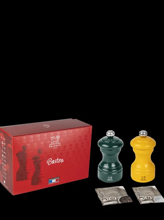 Store Bistrorama gift set bundle bundle of bistrorama wooden saffron yellow salt mill and forest green pepper mill, in a presentation box, and a scahet each of salt & pepper. size 10 cm. Salt | Salt & Pepper Mill Sets