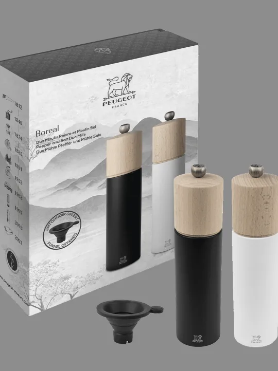 Discount Duo boreal Duo of 21 cm manual salt and pepper mills with a silicone funnel as a gift box Pepper | Pepper Mills