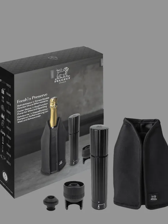 Fashion Fresh ‘n preserve Gift box - black frizz cooler sleeve and dual function pump for wine & sparkling preservation abs finish Wine And Champagne Accessories