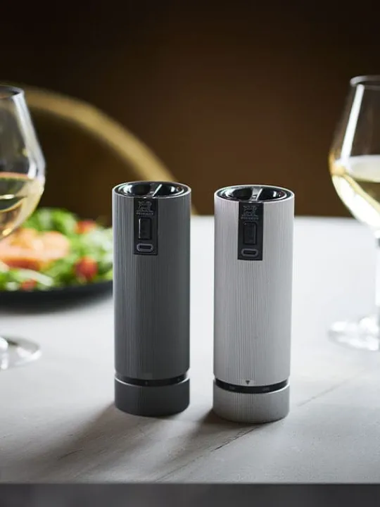 Flash Sale Line electric Set of u’select rechargeable electric salt and pepper mills, li-ion battery, carbon and aluminum, 15 cm - 6in For The Host With The Most | For The Foodie