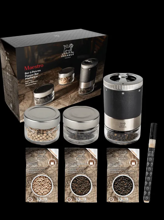Hot Maestro Maestro gift box including u'select pepper mill in grey, 3 premium peppers, 3 interchangeable glass jars & marker pen For The Foodie | For The Host With The Most