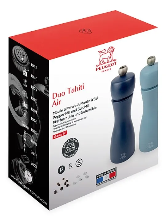 Clearance Tahiti Set of manual beech wood salt and pepper mills in midnight blue & azure blue, 15cm For The Host With The Most | For The Foodie