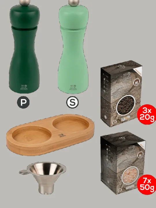 Best Sale Tahiti pack with tray Duo of 15 cm wooden salt and pepper mills with spices and bamboo linéa tray Salt | Salt & Pepper Mill Sets